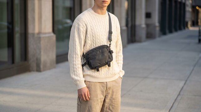 Close up of Gen Z streetwear outfit, Minimalist cross body utility bag, Trendy oversized sweatshirt lifestyle, Urban fashion detail mockup, Selective focus