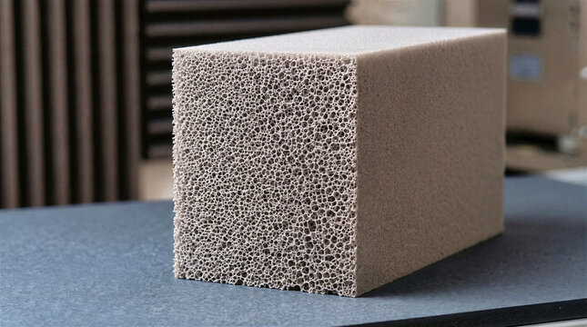 Taupe closed cell foam block cross section showing porous sponge texture on industrial bench. Technical material sample for soundproofing, acoustic insulation, packaging and industrial design