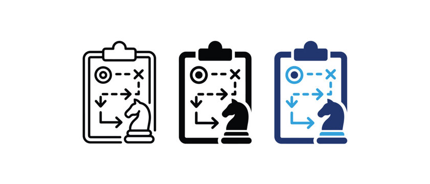 Strategy plan clipboard chess knight tactic scheme goal execution icon set. Vector illustration