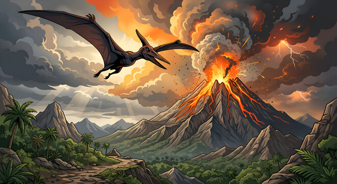 Pterodactyl flying over erupting volcano