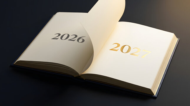 Open book with pages displaying years 2026, 2027 in gold and black contrast, ideal for calendar designs, annual reports, educational materials.