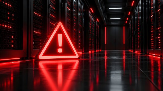 Glowing red warning sign in dark data center representing server error cyber security alert system failure and network vulnerability