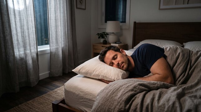 Man peacefully sleeping in a comfortable bed at night with soft lighting and curtains