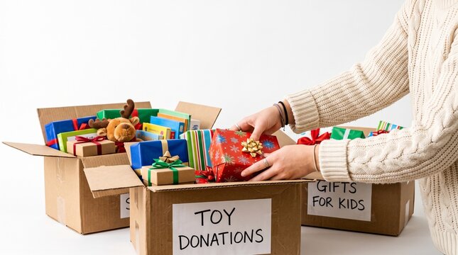 Person packing toy donations in boxes for children