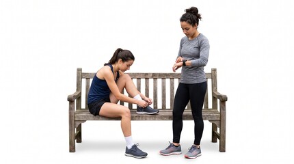 Fototapeta premium Two women preparing for a run on a park bench checking smartwatch