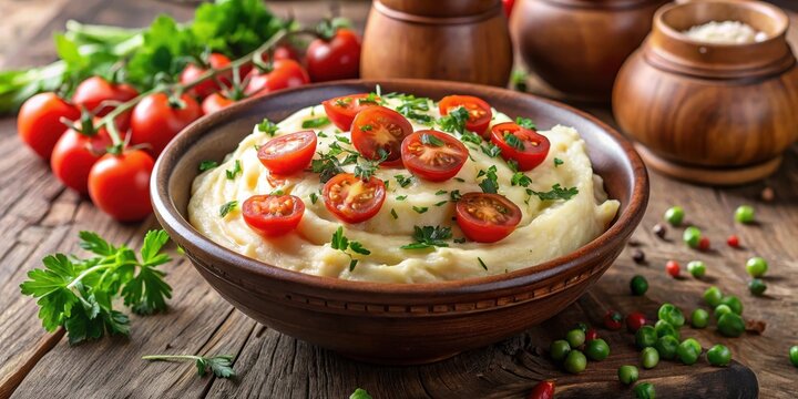 Creamy mashed potatoes topped with fresh tomato pieces, surrounded by a sprinkle of chopped herbs and a drizzle of olive oil, served in a rustic ceramic bowl, rustic dish, herbs
