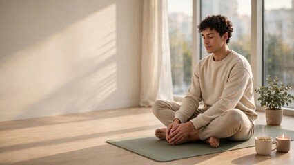 Fototapeta premium Peaceful Man Meditating and Practicing Yoga Indoors