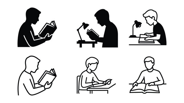 Silhouettes of people reading books a black and white line art set