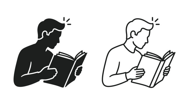 Silhouette and line art of a person reading an open book
