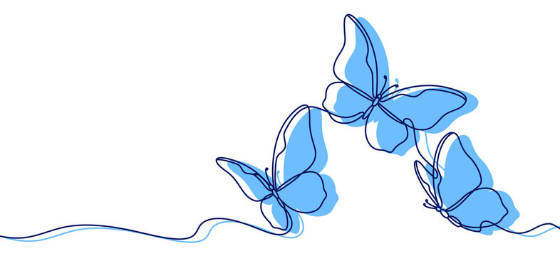 Three beautiful butterflies flying with their wings. line art illustration with blue silhouettes