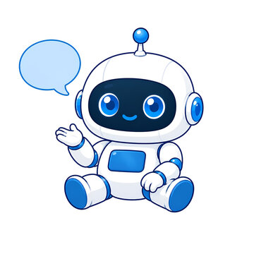 Cute White And Blue Robot Sitting And Waving With Empty Speech Bubble