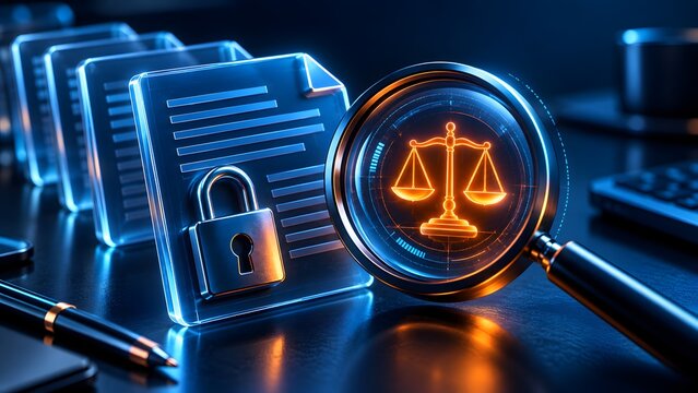 Magnifying glass reflecting glowing scales of justice next to secure digital documents with padlock representing legal compliance audit data privacy review and electronic law enforcement