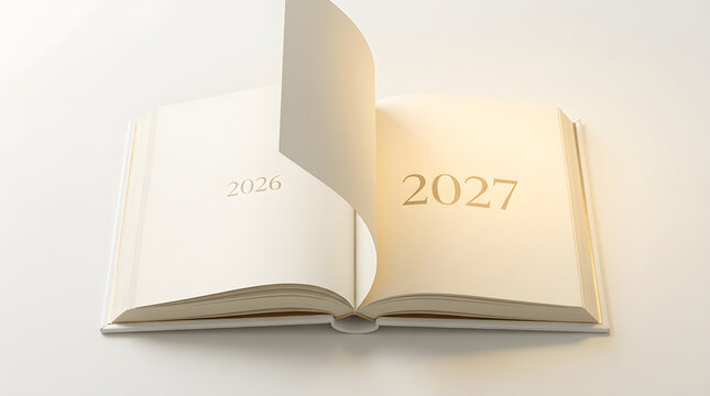 Open book with future calendar years with blank pages suitable for planners, agendas, forecasting, business strategy concepts, or future planning themes.