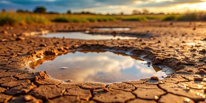 Dried mud in a shallow pool with water droplets on its surface, outdoor, puddle