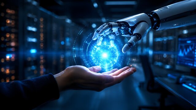 Human and robot hands holding a glowing blue digital sphere representing the integration of artificial intelligence with humanity and future global technology