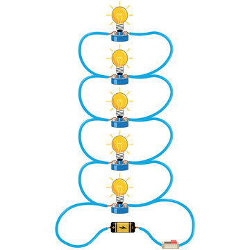 Five Lit Light Bulbs Connected in a Parallel Circuit With Battery and Switch Illustration