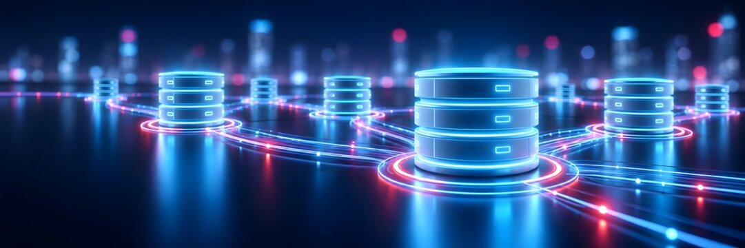 Glowing digital database servers connected by illuminated data streams in a futuristic smart city network representing cloud computing infrastructure