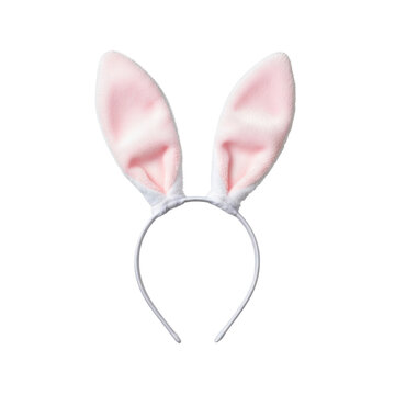 A simple white headband with fluffy white bunny ears, realistic plush texture, and soft pink inner sections, presented in an isolated studio with a transparent background, precise product display