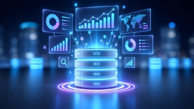 Futuristic database server projecting holographic financial charts and global market analytics representing business intelligence and big data visualization