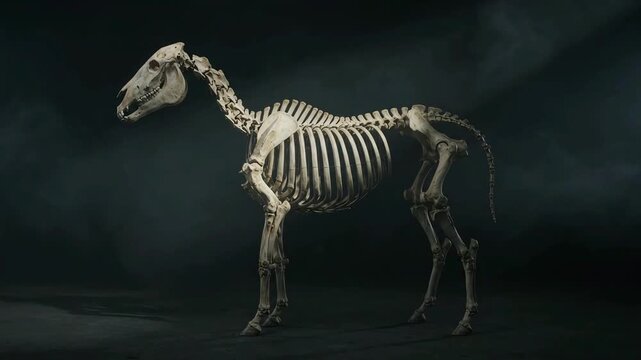 Complete horse skeleton anatomical display in a dark cinematic studio. Eerie low-key lighting with atmospheric fog highlighting equine bones.