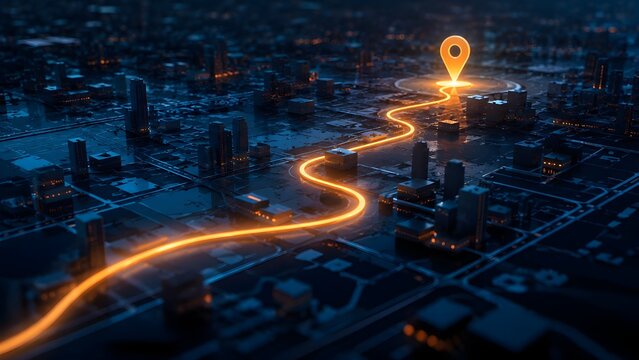Glowing orange navigation path winding through a futuristic dark digital city leading to a location pin representing GPS tracking smart logistics and business journey