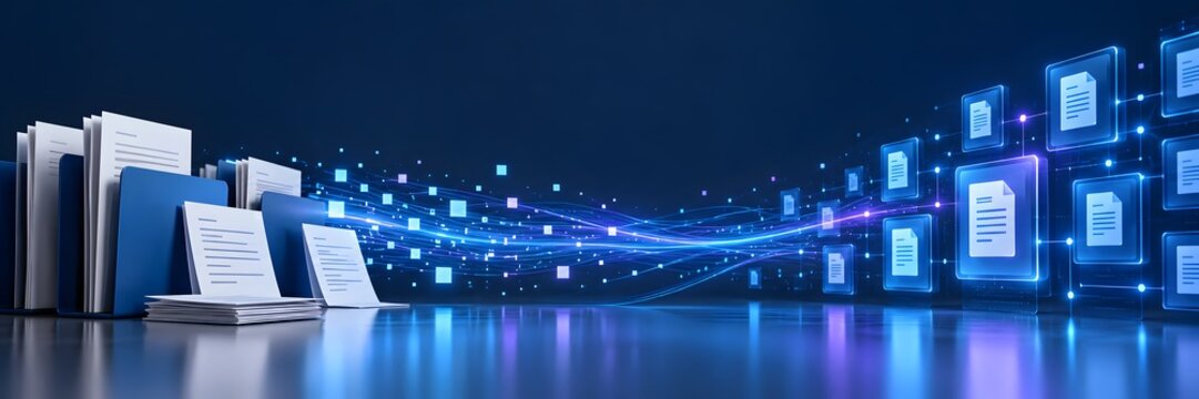 Physical document folders transforming into digital file icons through a glowing network stream illustrating paperless office migration and data archiving