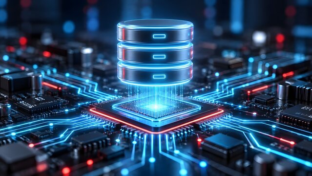 Futuristic database server hovering over a glowing microchip circuit board representing high performance computing and big data processing