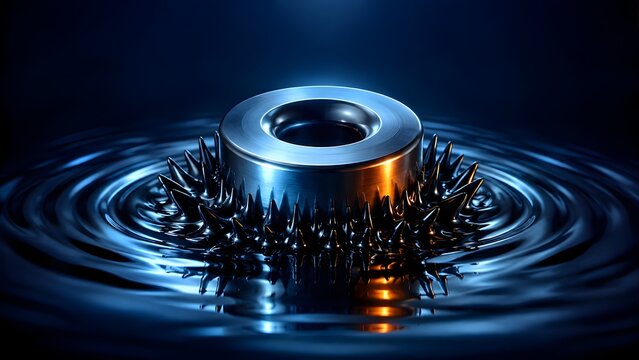 Silver metallic magnetic ring hovering over rippling dark liquid with sharp ferrofluid spikes representing magnetism advanced physics and futuristic scientific research