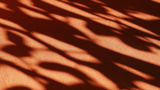 Warm terracotta light and shadow dance on a soft surface, creating a natural backdrop with ample copy space.