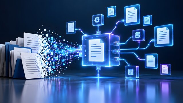 Physical paper documents dissolving into digital streams flowing into a central processing node visualizing digital transformation and paperless office migration