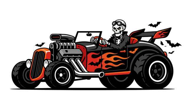 Vector illustration of a skeleton with goggles driving a custom vintage hot rod featuring orange flames and bat decals, side profile perspective isolated on a white background.