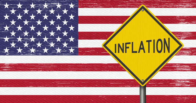 Inflation yellow warning sign with an American flag for price increases