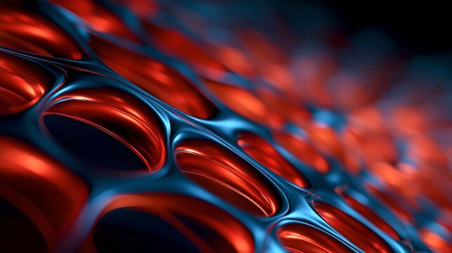 Abstract 3D rendered cobweb mesh with metallic red and blue cellular lattice, ideal for Halloween horror poster, supernatural gothic artwork and dark banner.