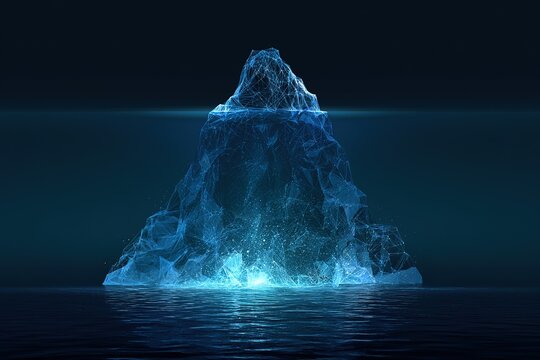 Stunning blue glowing digital iceberg wireframe rising from dark water surface representing modern data visualization art.