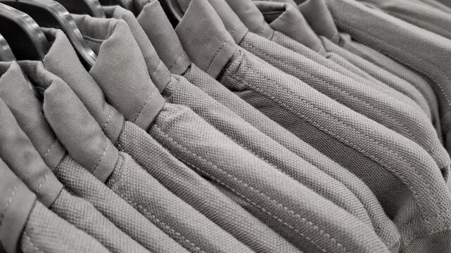 Brown shirts hang on hangers in a retail store shop. Clothing rack close up, fashion apparel retail, casual menswear clothes.