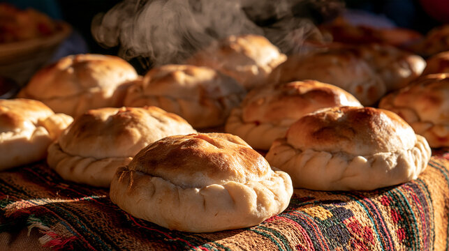 Steaming Empanadas: A delightful array of golden-brown empanadas, fresh from the oven and emitting a fragrant steam, are presented on a richly textured, colorful cloth.