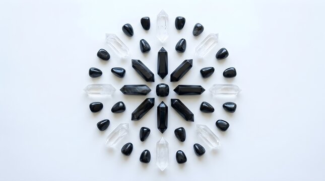 Sophisticated Gothic Mandala of Black Obsidian and Clear Quartz Crystals in a Minimalist Geometric Layout