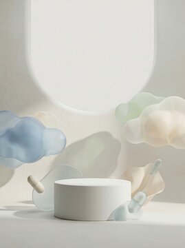 White cylinder podium with abstract pastel glass shapes. Minimalist product display stand for cosmetics presentation. Soft neutral mockup with floating frosted glass elements.