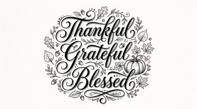 Elegant black calligraphy text stating thankful grateful blessed surrounded by intricate decorative floral swirl art elements