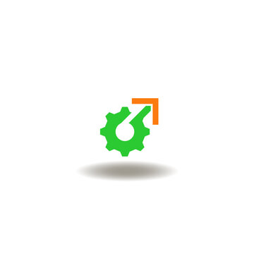 Vector illustration of gear with arrow up. Symbol of integration technology innovation. Icon of engineering, development and optimization. Sign of process efficiency.