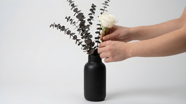 Hands arranging white rose and dark eucalyptus in a minimalist black vase for elevated gothic decor.