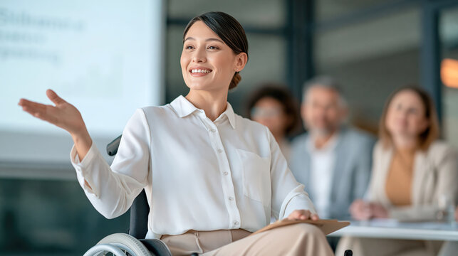 Confident disabled businesswoman in wheelchair giving presentation at meeting
