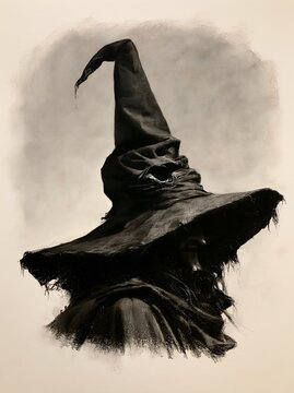Tattered black pointed witch hat with wide brim, dark fantasy charcoal sketch illustration, mystical sorcerer accessory for halloween witchcraft grunge design
