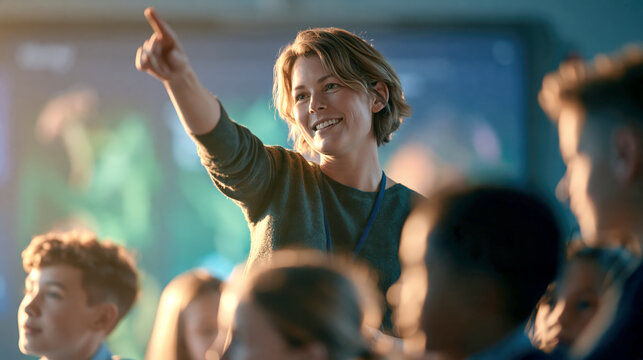 Female teacher pointing and smiling while engaging with student in classroom