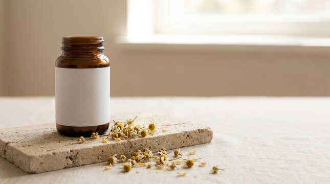 Amber glass bottle with blank label and dried chamomile flowers on a natural stone slab, copy space for product display