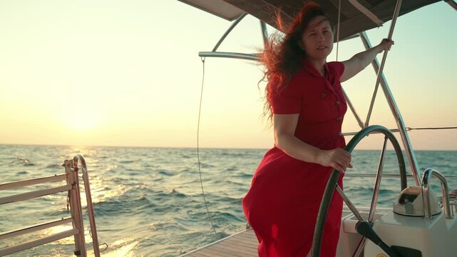 Woman helm of yacht. Yacht sailing on sea, woman captain controls marine vessel. Captain woman helm of ship sailing on ocean. Sea voyage. Captain helm of schooner. Make dream Sail towards adventure