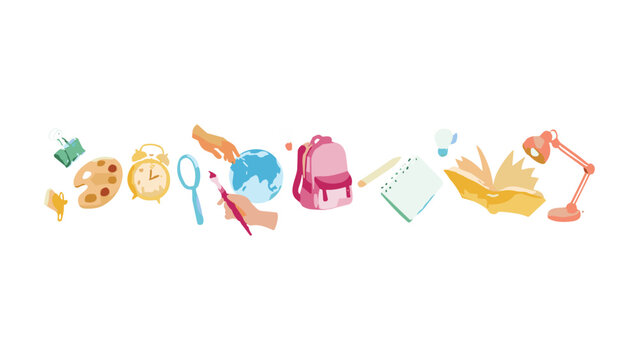 Back to School Essentials: A vibrant and playful collection of school supplies and educational icons, perfect for illustrating learning, creativity, and childhood discovery.