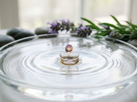 Purple and gold essential oil droplet splashing in a bowl of clear water with zen stones and lavender in the background