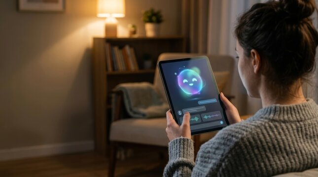 Woman using AI chatbot assistant on tablet at cozy home. Smart virtual assistant with cute face on screen, chat and voice interface. Artificial intelligence technology concept.