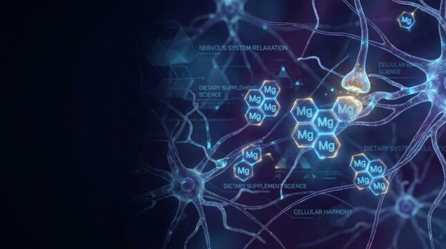 Magnesium molecules interacting with nerve cells in brain. Dietary supplement science for nervous system relaxation and cellular harmony. Medical research and neurology concept.